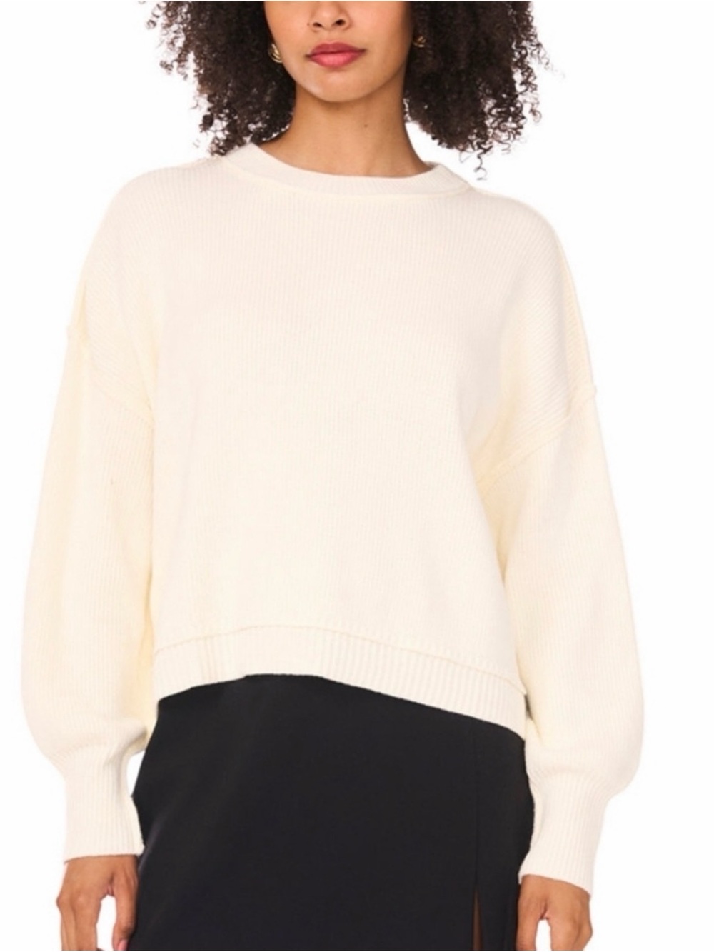 1.STATE Women’s Drop Shoulder Relaxed Ribbed Knit Crewneck Sweater Ivory Size M
